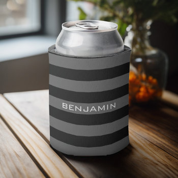Black And Gray Rugby Stripes With Custom Name Can Cooler by MarshBaby at Zazzle