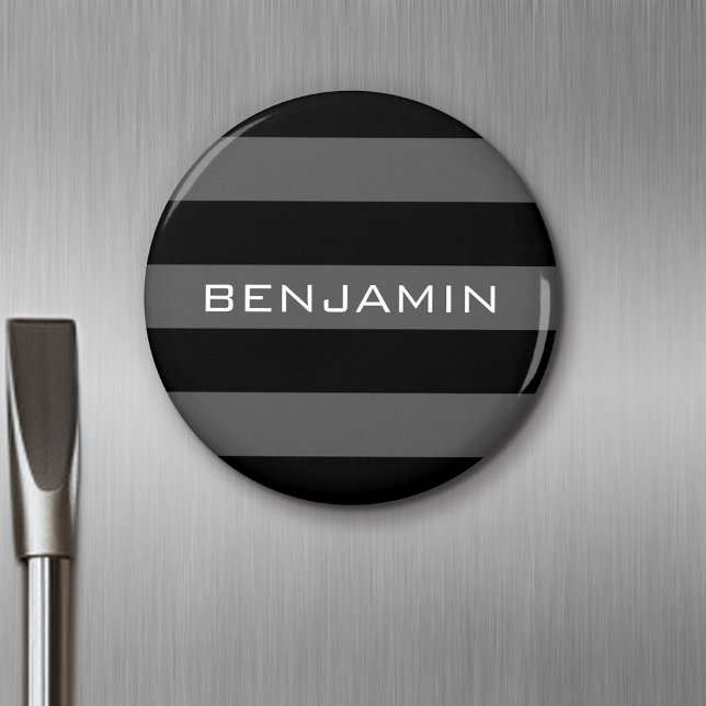 Black and Gray Rugby Stripes with Custom Name Magnet (Personalized Fridge Magnet - Party Favor - Add Custom Text)