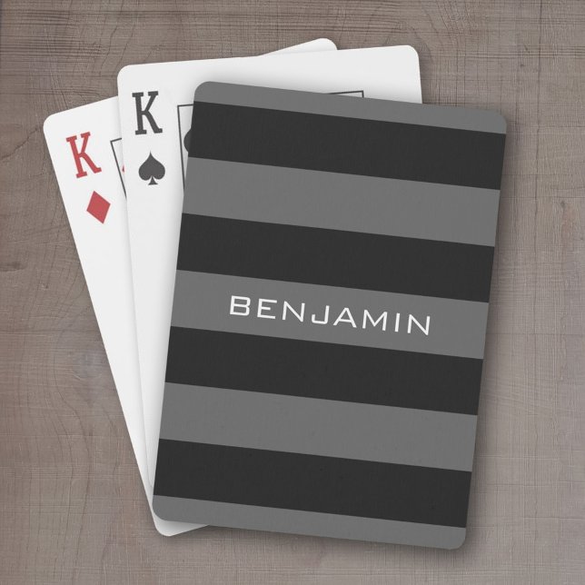 Black and Gray Rugby Stripes with Custom Name Poker Cards (Personalized playing cards - sporty, preppy stripe pattern with name. Great gift for the guys!)