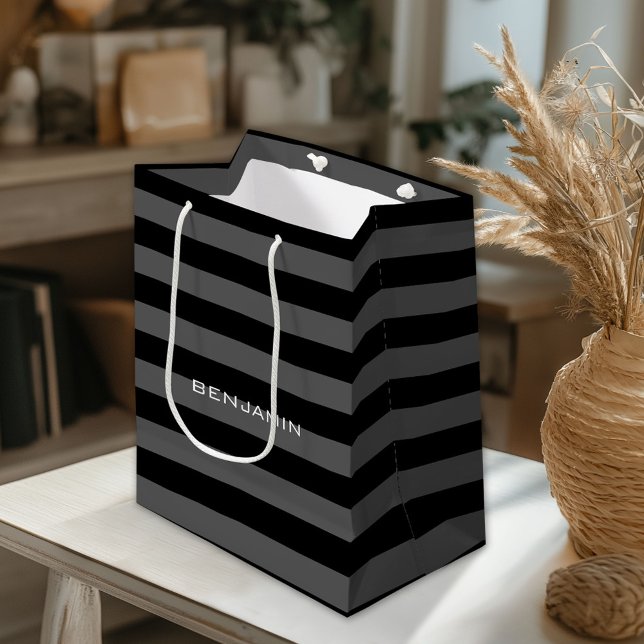 Black and Gray Rugby Stripes with Custom Name Small Gift Bag (Custom Gift Bag)