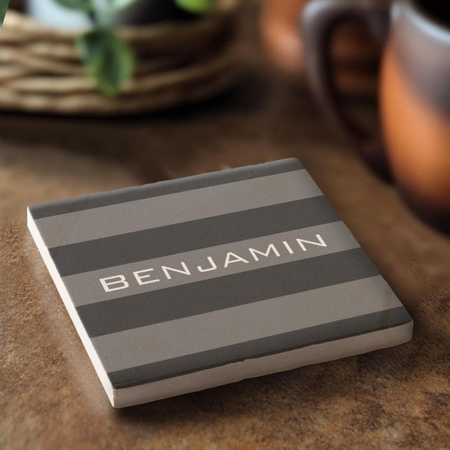 Black and Gray Rugby Stripes with Custom Name Stone Coaster (Custom Stone Coaster)