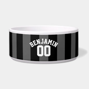 Black and Gray Silver Rugby Stripes Name Number Bowl