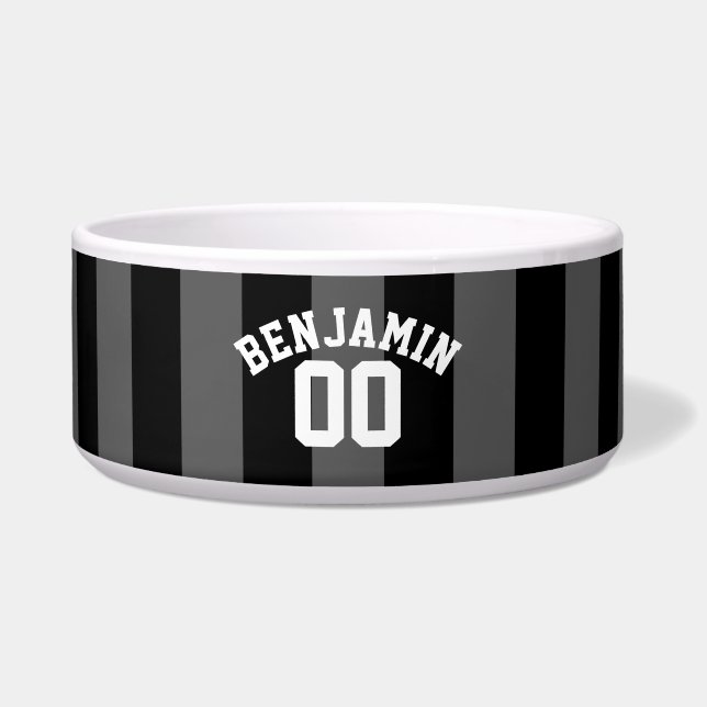 Black and Gray Silver Rugby Stripes Name Number Bowl (Front)