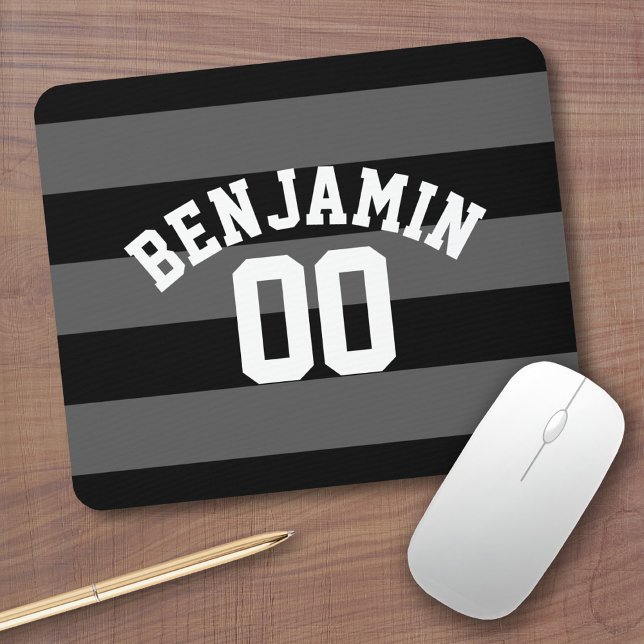 Black and Gray Silver Rugby Stripes Name Number Mouse Pad (Personalized Mousepad - Sports Jersey Theme with custom name)