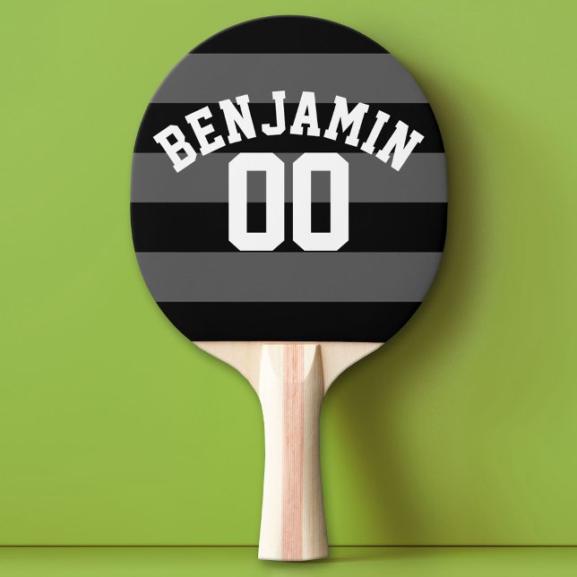 Black and Gray Silver Rugby Stripes Name Number Ping Pong Paddle (Custom Ping Pong Paddle with a Sports Theme)