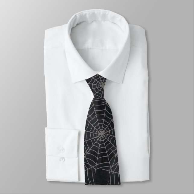 Black and Gray Spiderweb Gothic Pattern Neck Tie (Tied)
