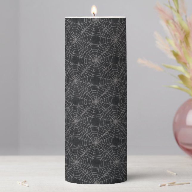 Black and Gray Spiderweb Gothic Pattern Pillar Candle (In Situ)