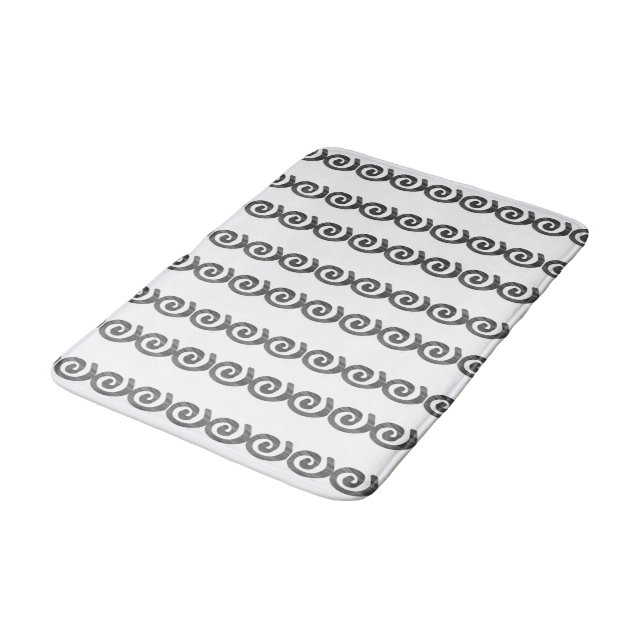 Black and gray spirals pattern on white bath mat (Angled)