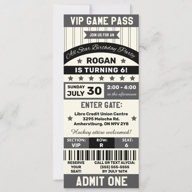 Black and Gray Sports Themed Ticket Birthday Party Invitation (Front)