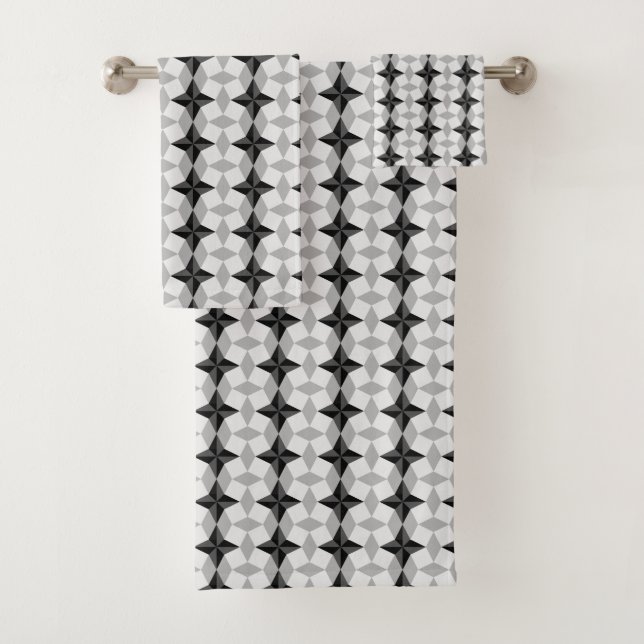 Black and Gray Starbust and Rhombus Pattern Bath Towel Set (Insitu)