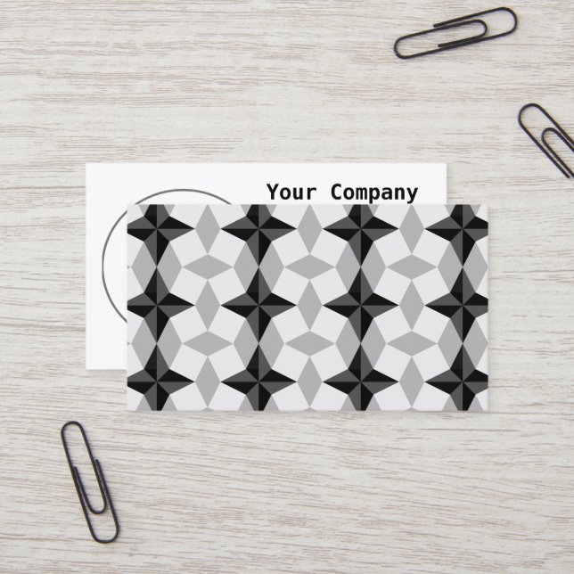 Black and Gray Starbust and Rhombus Pattern Business Card (Front/Back In Situ)