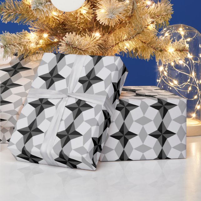 Black and Gray Starbust and Rhombus Pattern Wrapping Paper (Holidays)
