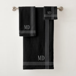 Black and Gray Striped Custom Initials Simple Bath Towel Set