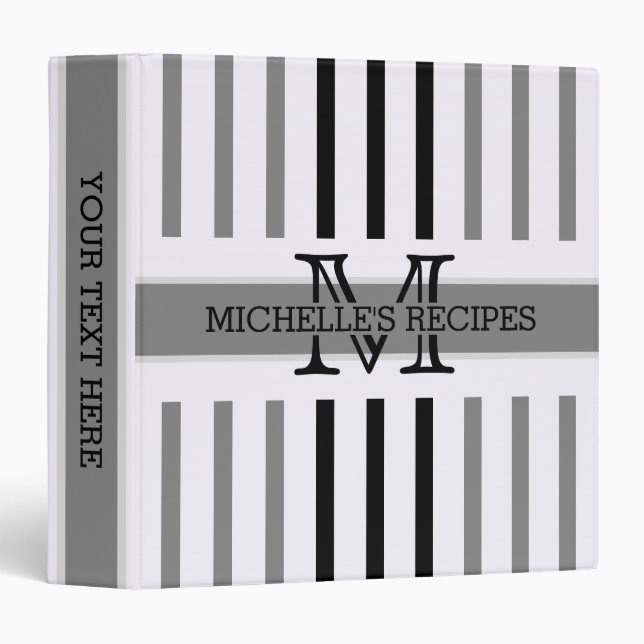Black and Gray Stripes Modern Monogram 3 Ring Binder (Front/Spine)