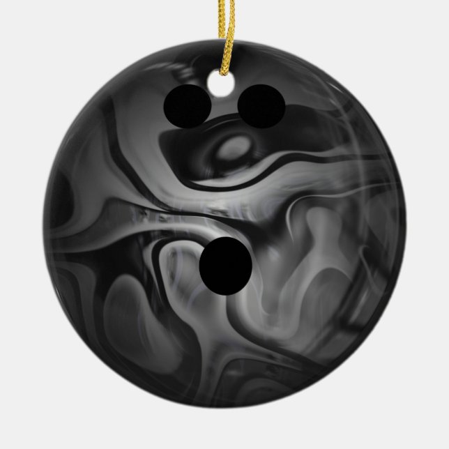 Black and Gray Swirl Bowling Ball Ceramic Ornament (Front)