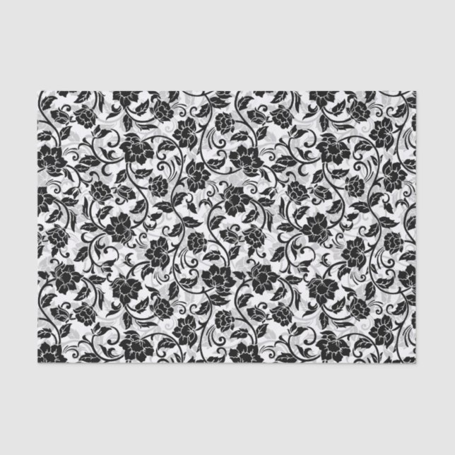Black and Gray Swirling Flowers Tissue Paper (Front)
