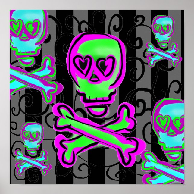 Black and Gray Swirls with Neon Skulls Poster (Front)