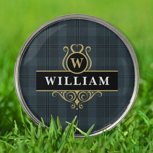 Black and Gray Tartan Plaid Elegant Monogram Golf Ball Marker