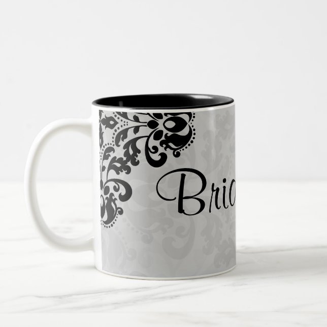 Black and gray victorian damask bridesmaid wedding Two-Tone coffee mug (Left)