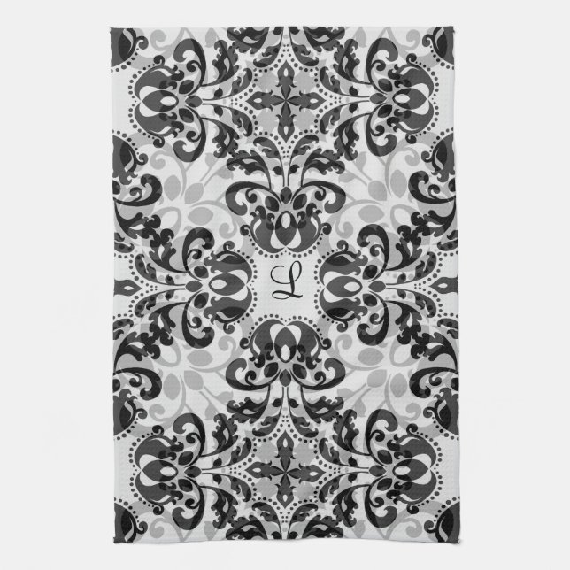 Black and gray victorian damask decor kitchen towel (Vertical)