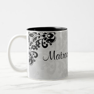 Black and gray victorian damask matron of honor Two-Tone coffee mug