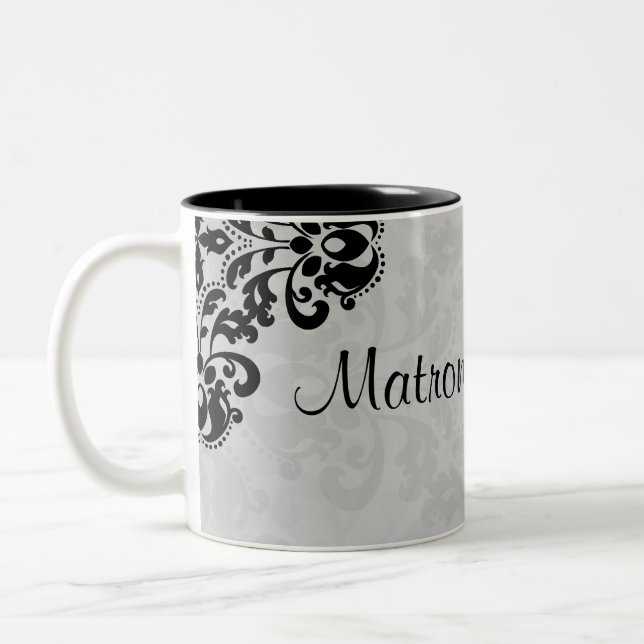 Black and gray victorian damask matron of honor Two-Tone coffee mug (Left)