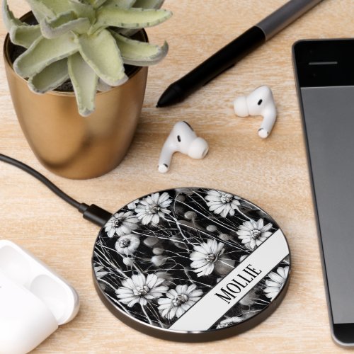 Black and Gray Wildflowers with Monogram  Wireless Charger
