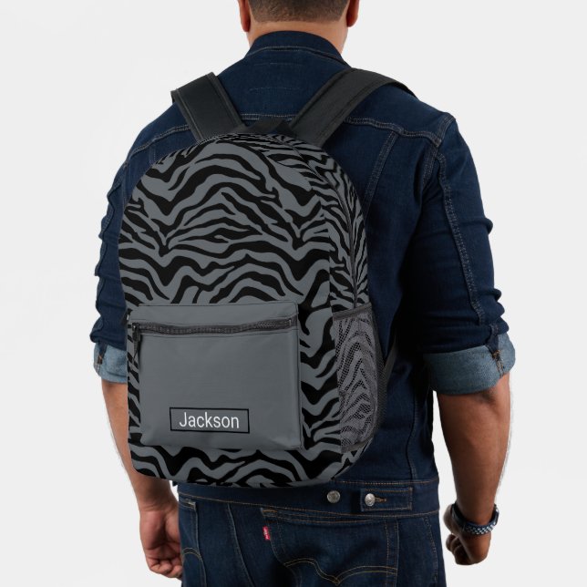 Black and gray zebra  printed backpack (Insitu (Model))