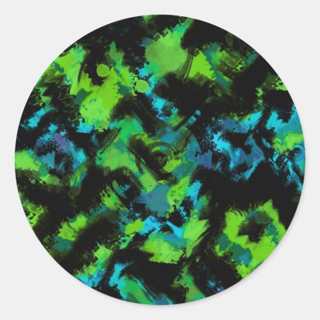 Black and green abstract classic round sticker (Front)