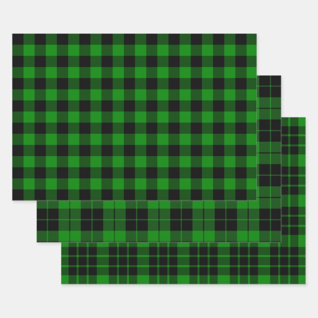 Black and Green Buffalo Plaid Wrapping Paper Sheets (Set)