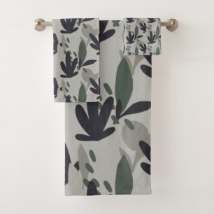 Black and Green Camouflage Floral Pattern Bath Towel Set