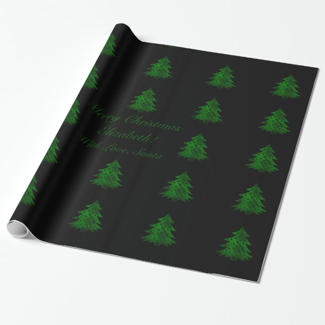 Black and Green Christmas Tree Pattern Add Text Wrapping Paper (Unrolled)