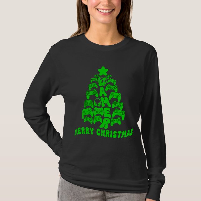 Black and Green Christmas Tree with Controllers T-Shirt (Front)
