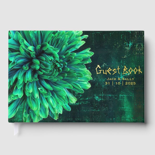 Black and Green Chrysanthemum  Foil Guest Book (Front)