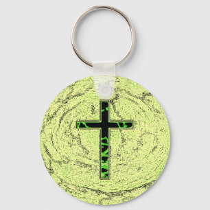 BLACK AND GREEN CROSS WITH MARBLE BACKGROUND KEYCHAIN