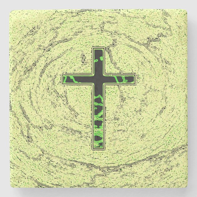 BLACK AND GREEN CROSS WITH MARBLE BACKGROUND STONE COASTER (Front)