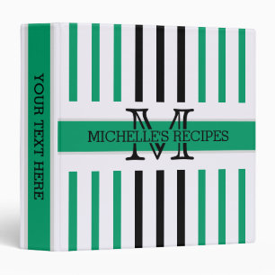 Black and Green-cyan Stripes Modern Monogram 3 Ring Binder