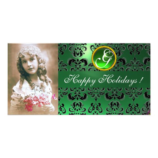 BLACK AND GREEN DAMASK Emerald Monogram Card
