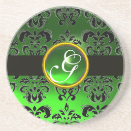 BLACK AND GREEN DAMASK  Emerald Monogram Drink Coaster
