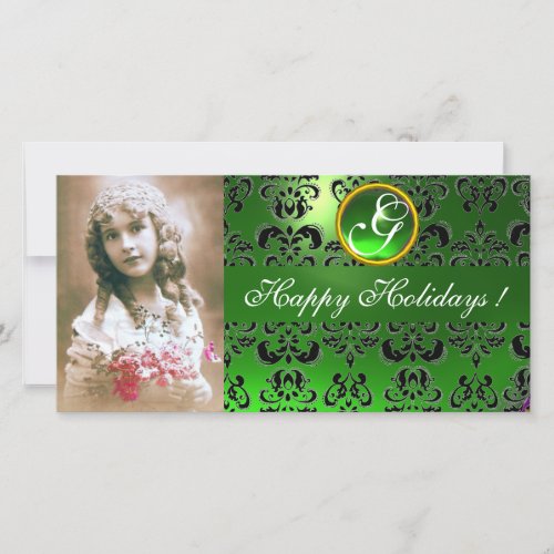 BLACK AND GREEN  DAMASK Emerald Monogram Holiday Card