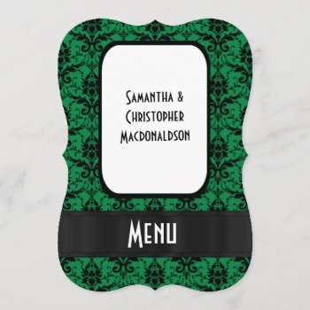 Black And Green Damask Formal Wedding Menu by personalized_wedding at Zazzle