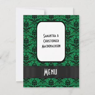 Black and green damask formal wedding menu invitation