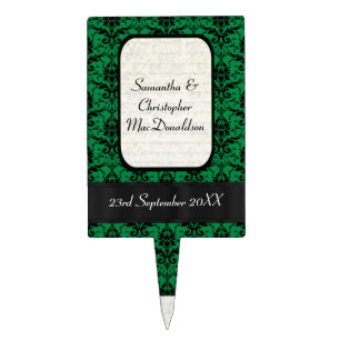 Black and green damask pattern wedding cake topper