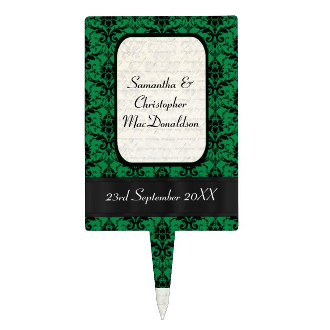 Black and green damask pattern wedding cake topper (Front)