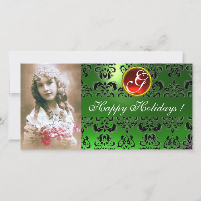 BLACK AND GREEN  DAMASK Red Ruby Monogram Holiday Card (Front)