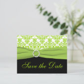 Black and Green Damask Save the Date Postcard (Standing Front)