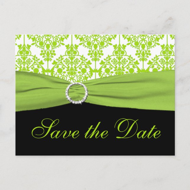 Black and Green Damask Save the Date Postcard (Front)
