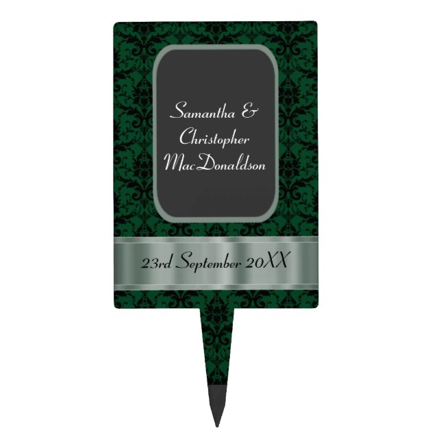 Black and green damask wedding cake topper (Front)