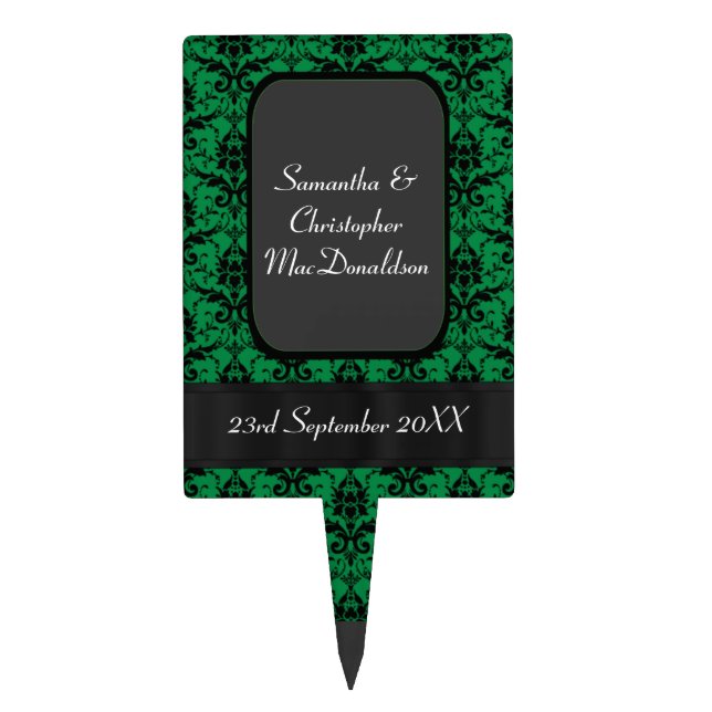 Black and green damask wedding cake topper (Front)