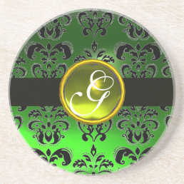 BLACK AND GREEN DAMASK  Yellow Topaz Monogram Sandstone Coaster